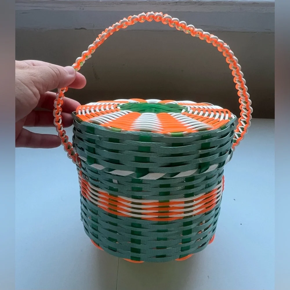 Handwoven Green, Orange & White Decorative Basket with Handle